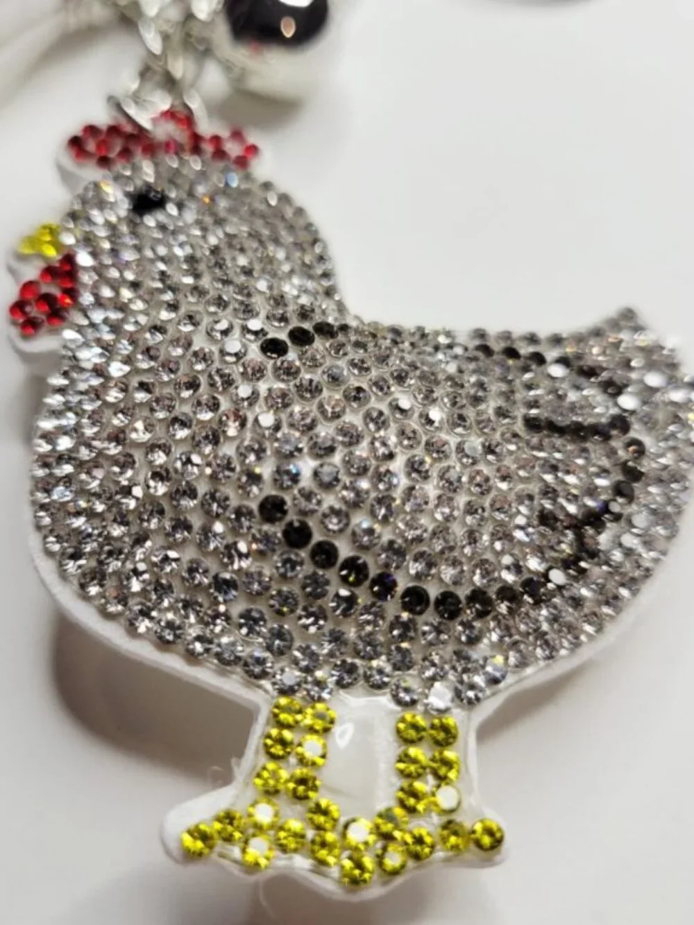 NWT Large Silver White Chicken Rooster Rhinestone Keychain Bag Charm And Tassel